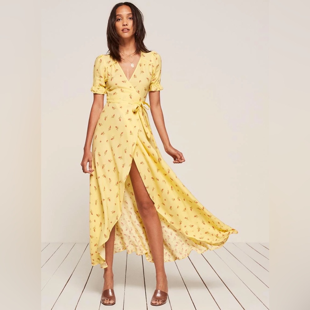 Reformation yellow floral wrap dress 2